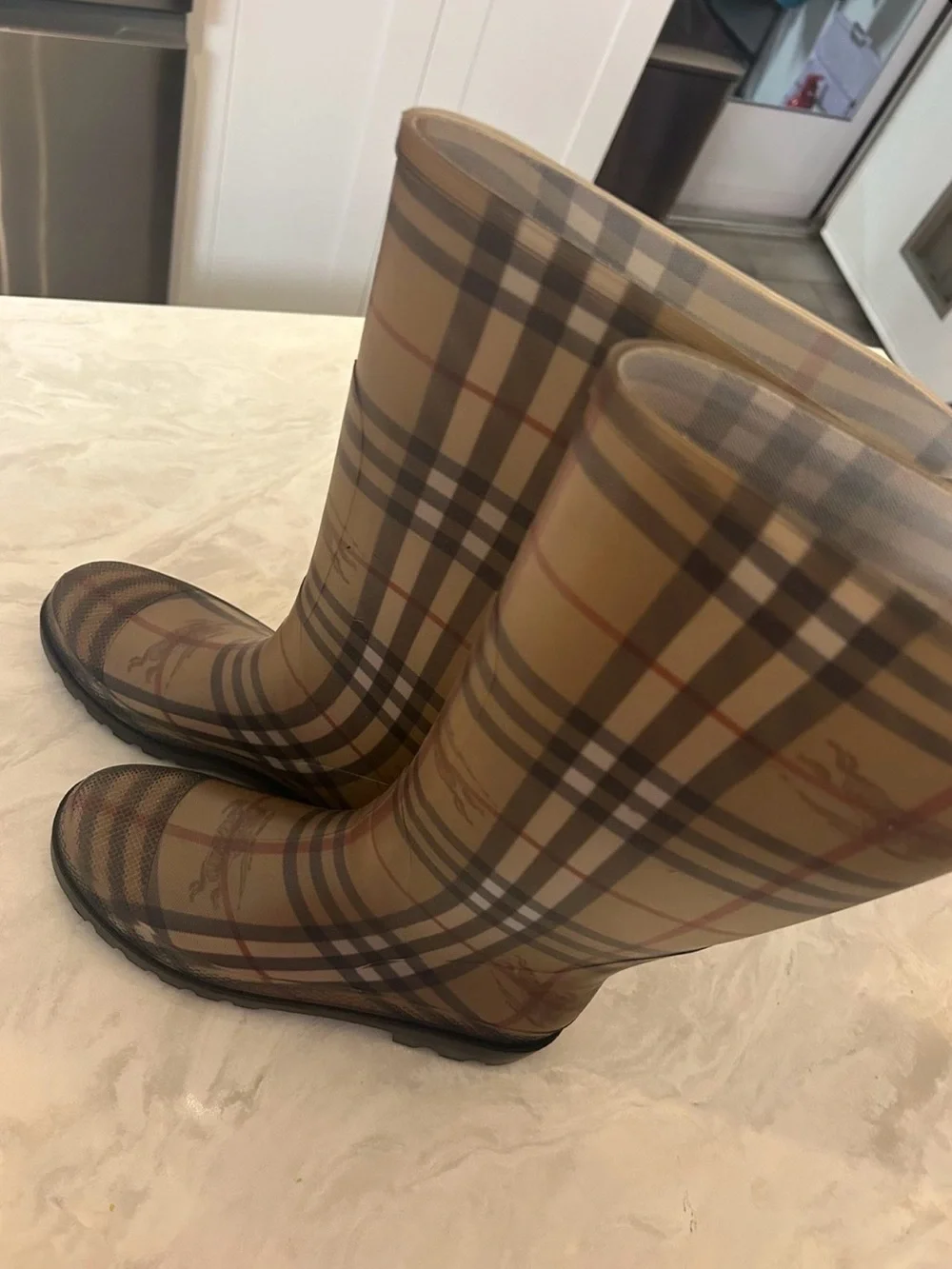 Burberry Beige Plaid Rubber Rain Boots